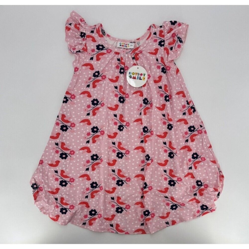 Dot Dot Smile Girl's Swing Dress 3-4 Pink Birds/Hearts Valentine's Short Sleeve